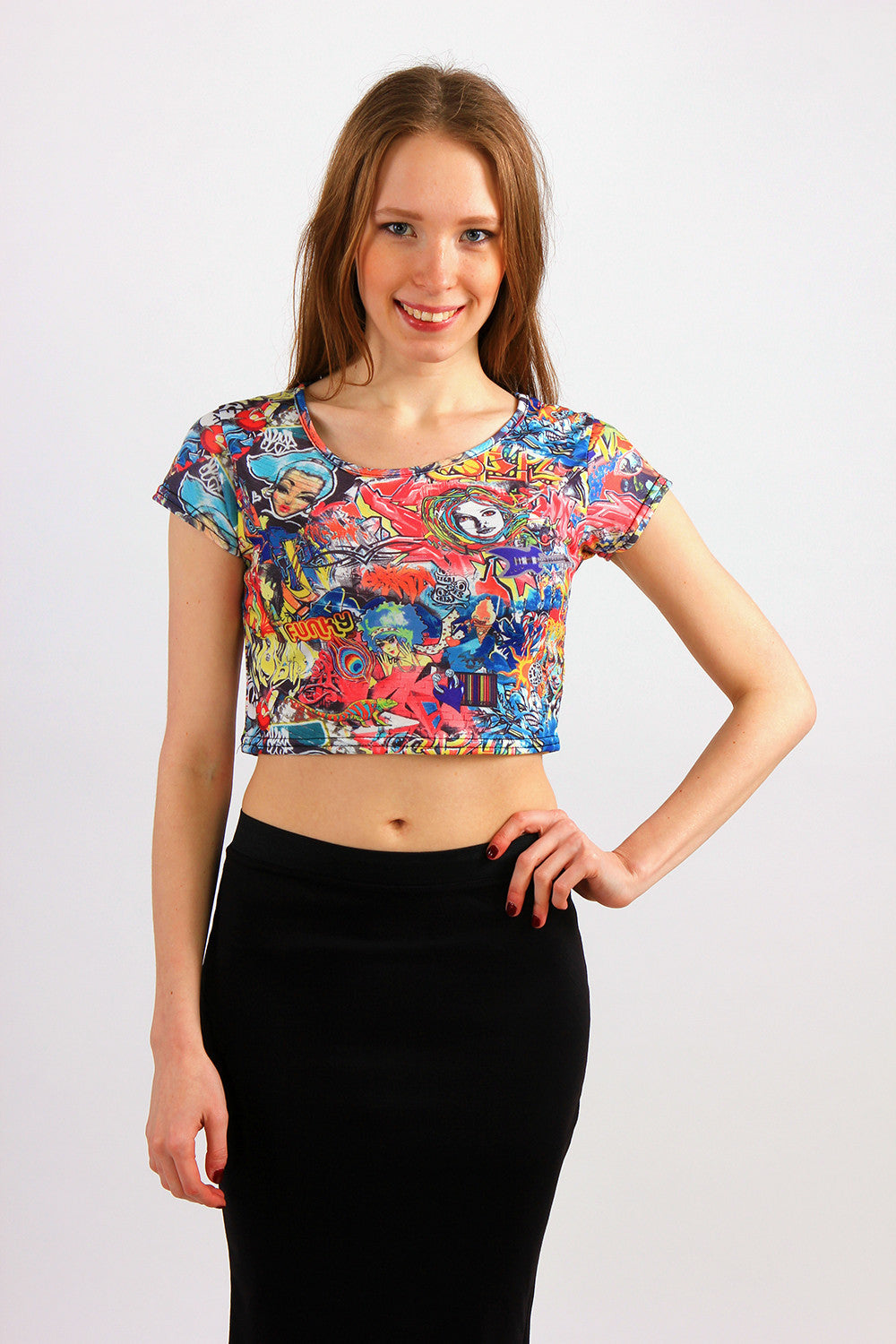 Comics Print Short Sleeve Crop Top