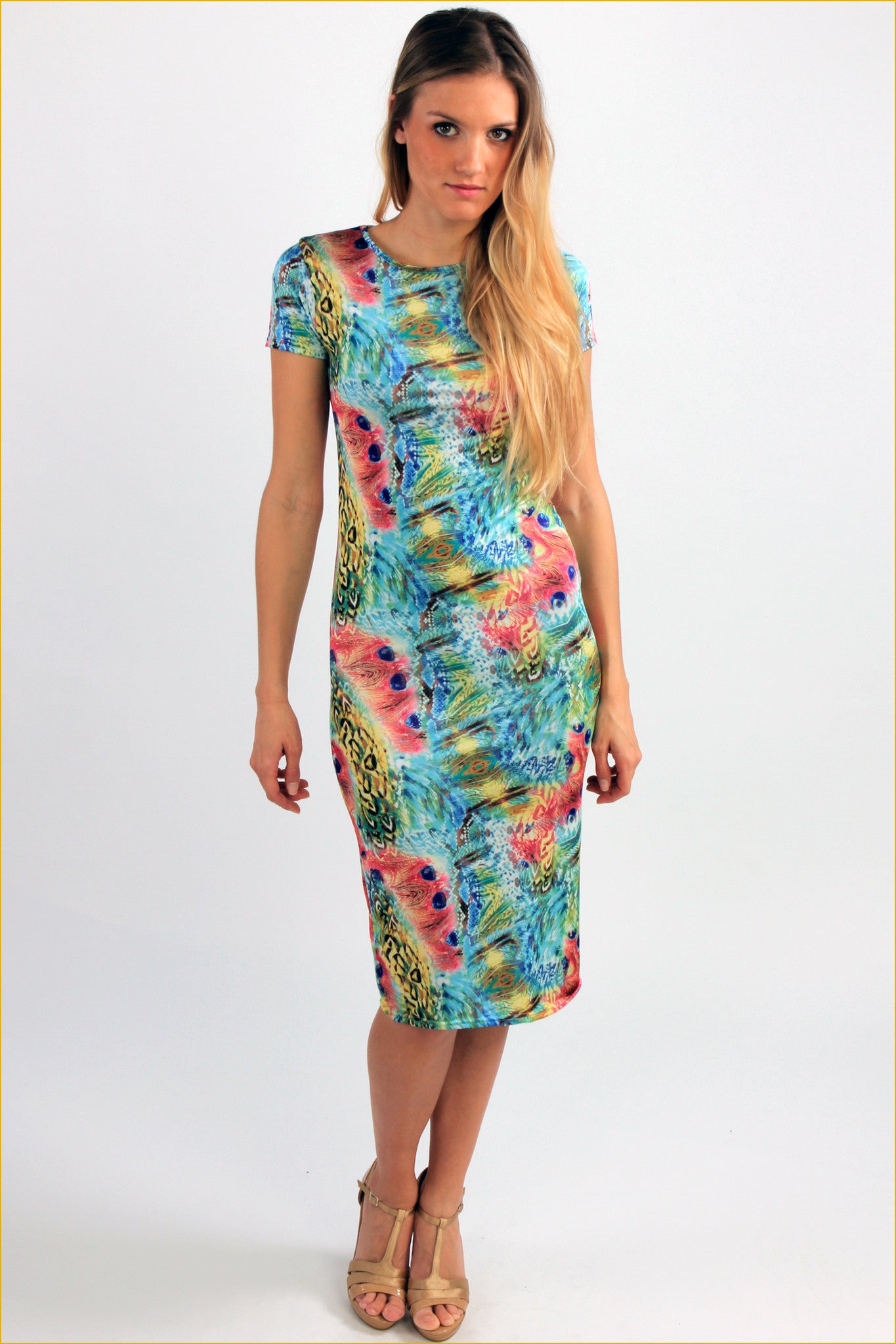 Peacock Feathers Print Midi Dress