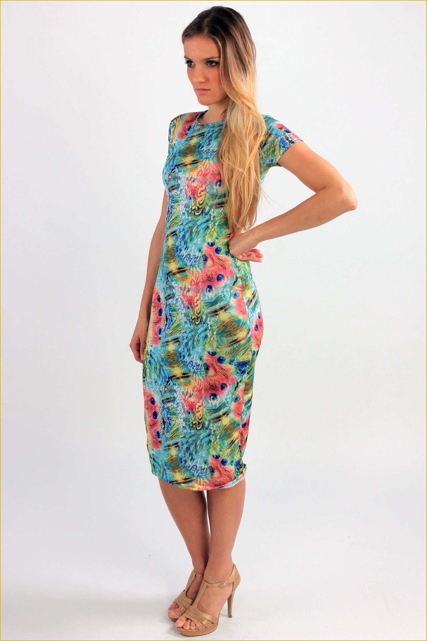 Peacock Feathers Print Midi Dress