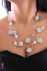 Triple Necklace of Mixed Beads with Dimpled Glazed Ceramics