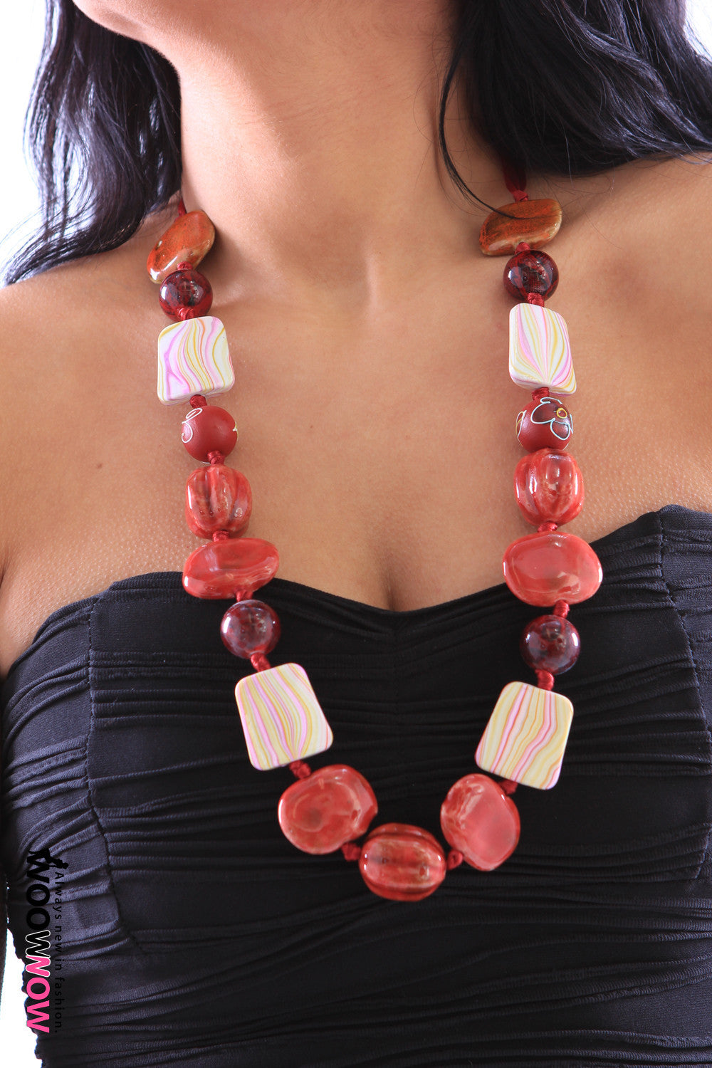 Red Ribbon and Bead Necklace