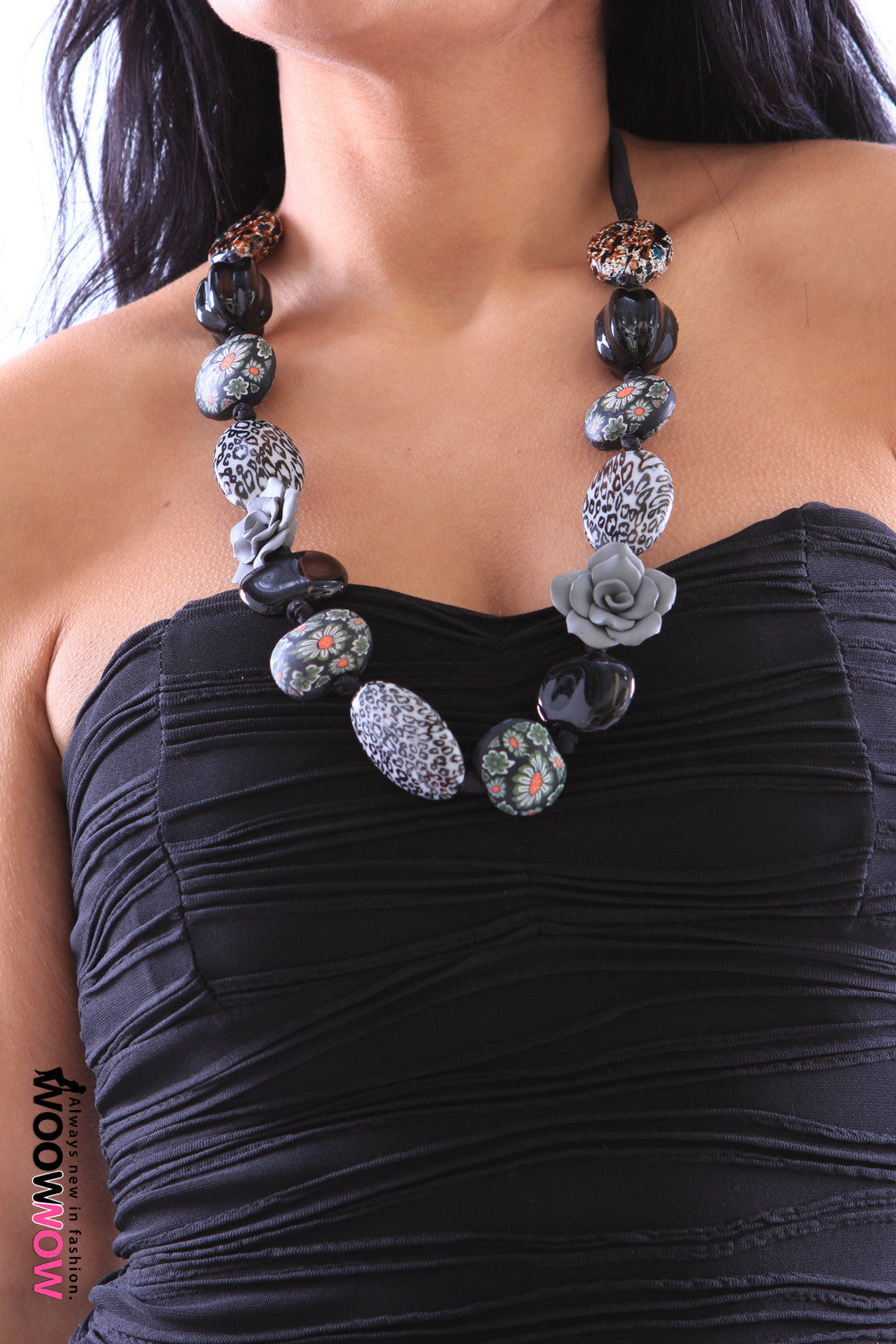 Black Ribbon and Bead Necklace